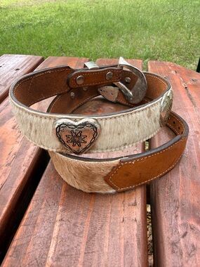 Dundee Hair-on Leather Western Belt with Heart Conchos - Cream & Tan